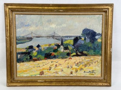 an oil painting of a landscape with a bridge in the distance
