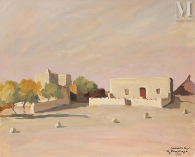 une peinture à l'huile représentant un paysage désertique avec un bâtiment et des arbres
