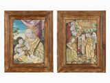 two paintings of a woman holding a baby and a man holding a child