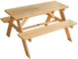 a wooden picnic table with two benches on it