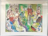 a painting of a group of people sitting in a room
