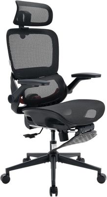 La chaise de bureau est noire et dispose d'un dossier et d'une assise en maille.
