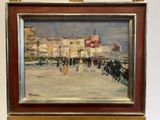 un tableau représentant des personnes marchant dans la neige dans la rue