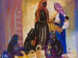 une peinture à l'huile représentant un groupe de femmes assises par terre