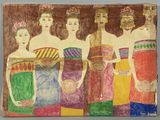 a painting of a group of women in colorful dresses