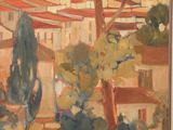 painting of a view of a town with a church in the background