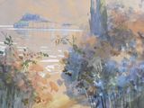 un tableau représentant un sentier menant à un plan d'eau