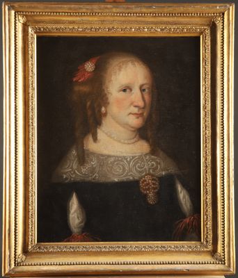 a painting of a woman in a black dress with a red flower in her hair