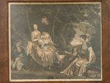 an old picture of a family sitting on a swing in a wooded area