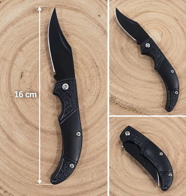 three different views of a knife on a piece of wood