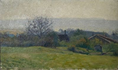 tableau représentant un champ avec une maison au loin et des arbres au premier plan