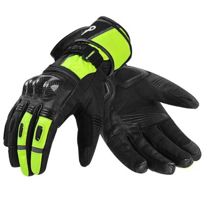 une paire de gants de moto noirs et jaunes sur fond blanc