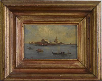 an oil painting of a boat in a body of water with a castle in the background