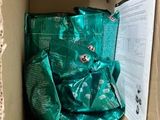 a green bag in a cardboard box with a computer mouse in it