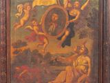 an old painting of a woman holding a mirror with angels around her