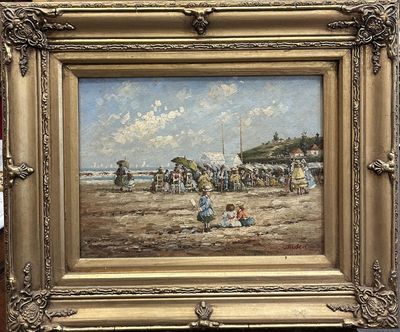 a picture of a painting of people on the beach