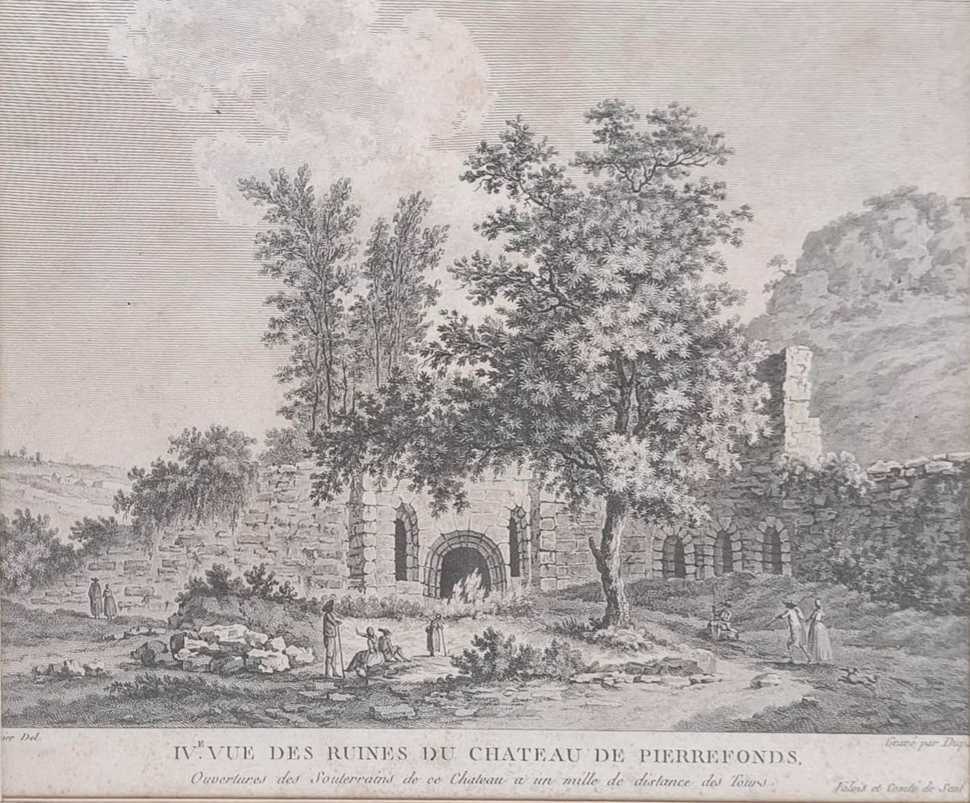 Une estampe représentant une vue des ruines du Château de Pierrefonds. A vue : 19,5 cm x 22 cm.