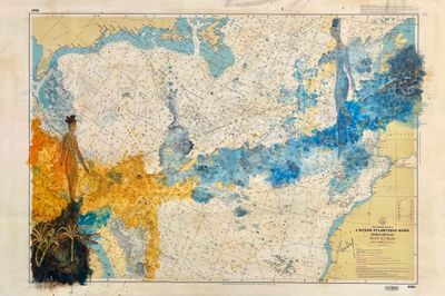 an old map of a large body of water with yellow and blue colors