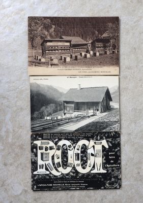 une vieille photo d'une carte postale représentant une maison et des voies ferrées