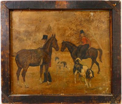 tableau représentant un homme à cheval accompagné de deux chiens et un autre homme à cheval accompagné d'un chien