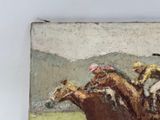 a painting of a horse race with jockeys on it