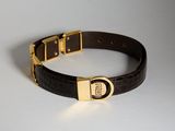 un gros plan sur un bracelet en cuir marron muni d'une boucle dorée
