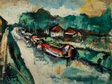 une peinture représentant des bateaux sur l'eau près d'un pont