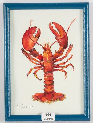 tableau représentant un homard dans un cadre bleu sur fond blanc