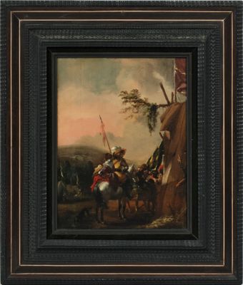 une peinture représentant une peinture d'un homme à cheval devant un groupe de personnes