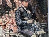 painting of a man in a top hat sitting on a bench in front of a tree
