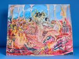 une peinture à l'huile représentant une femme assise sur un canapé en compagnie d'autres personnes