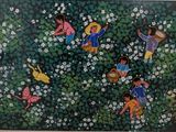 tableau représentant un groupe d'enfants jouant dans un champ de fleurs