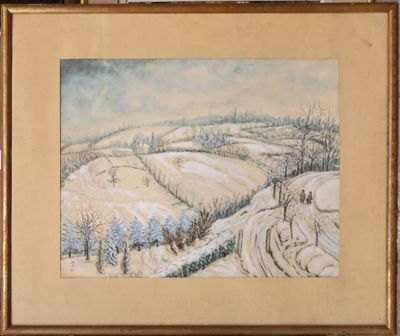 painting of a snowy landscape in a frame on a shelf