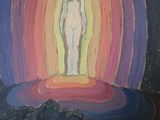 a painting of a woman standing in the middle of a rainbow tunnel