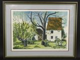an image of a painting of a white house in a field