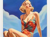 painting of a woman in a bathing suit sitting on a ledge