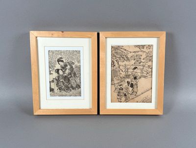 deux dessins encadrés représentant un homme et une femme assis sur un banc