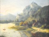 une peinture à l'huile représentant une scène de rivière avec un bateau au premier plan