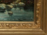 an oil painting of a river with rocks in the water