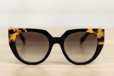 a close up of a pair of sunglasses sitting on a table