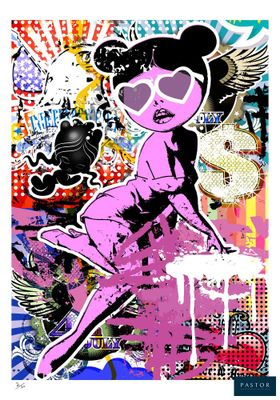 graffiti représentant une femme en robe rose et lunettes de soleil sur un skateboard