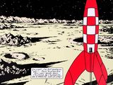 un dessin représentant une fusée sur la Lune, surmonté d'une bande dessinée