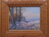 an oil painting of a couple walking down a path in a wooded area