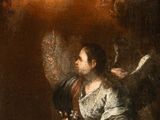 painting of a man kneeling in front of a painting of an angel