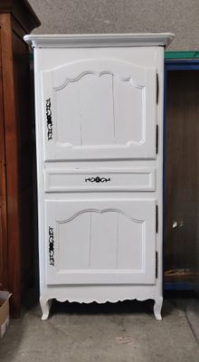 a white cabinet and a blue cabinet in a room