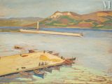 une peinture représentant un quai avec des bateaux sur l'eau