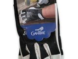 a close up of a pair of black and white gloves on a white background