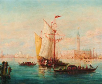 tableau représentant des bateaux sur l'eau, avec une ville en arrière-plan