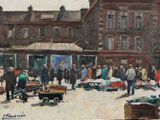 a painting of a street scene with people walking around