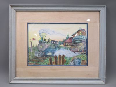 Le Train en  gare. Aquarelle sur papier, signée Didier en bas à gauche